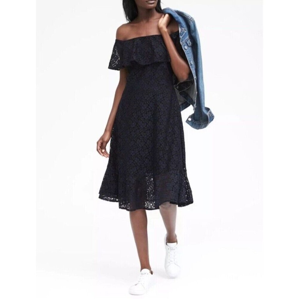 Banana Republic Lace Off the Shoulder Dress Navy Blue Party Lined SIZE 0 106